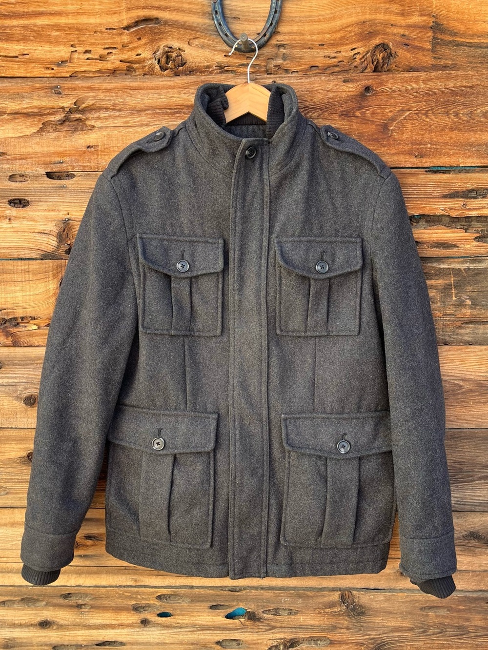 MERONA | Men's Charcoal Wool Gray Military-Style Wool Jacket S